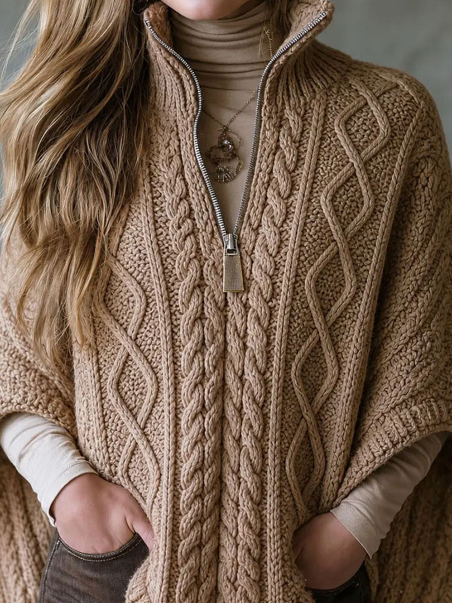 Quiet Luxury Stand Collar Half Zip Cable Knit Poncho Shawl