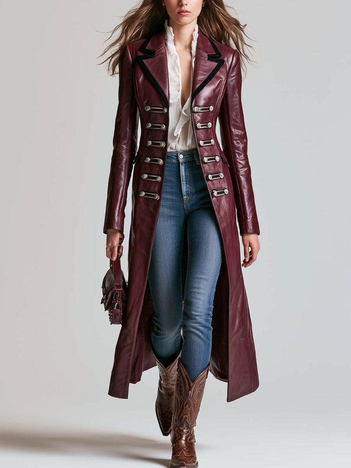 Retro Military-style Contrasting Faux Leather Trim Coat