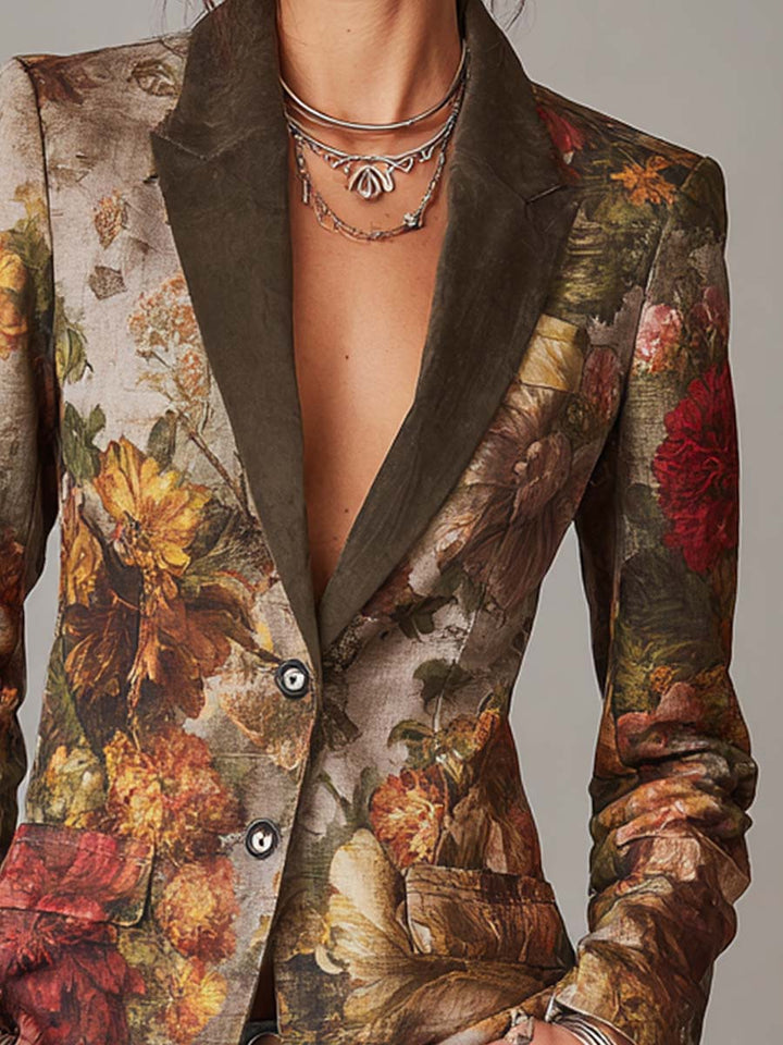 Vintage Floral Print Blazer with Contrast Collar Slim Fit Jacket