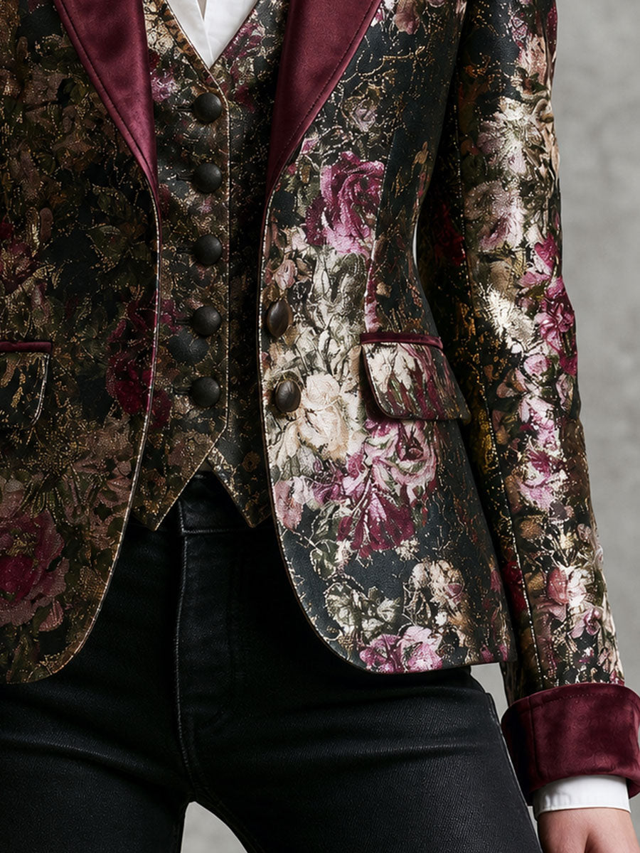 Vintage Baroque Floral Print Burgundy Velvet Trim Blazer