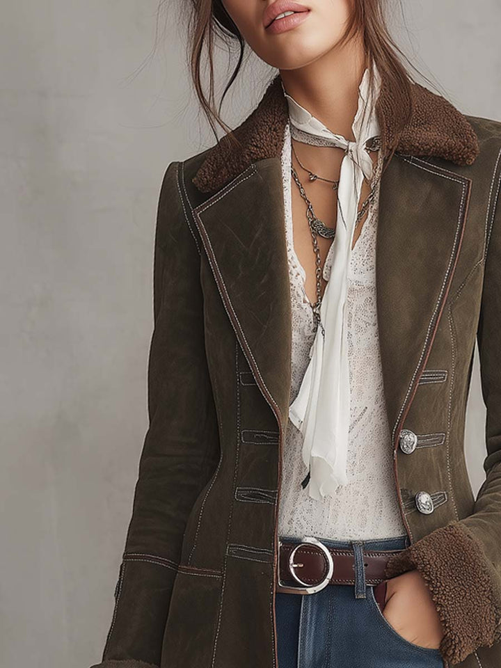 Vintage Faux Fur-collar Contrast Trim Polyester Suede Long Blazer