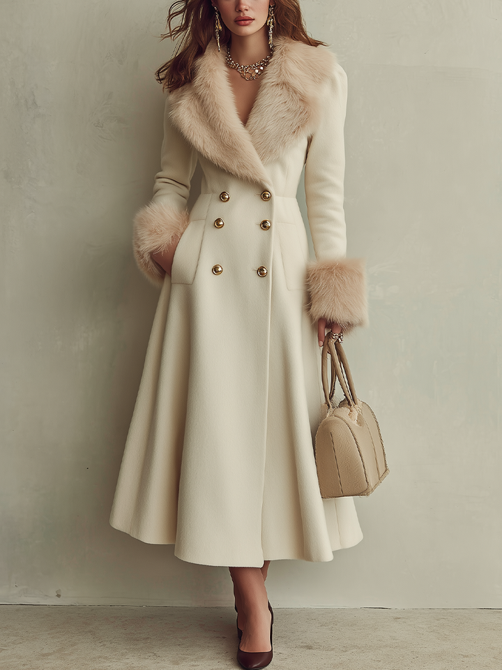 Elegant Ivory Faux Fur Trim Double-Breasted Maxi Coat