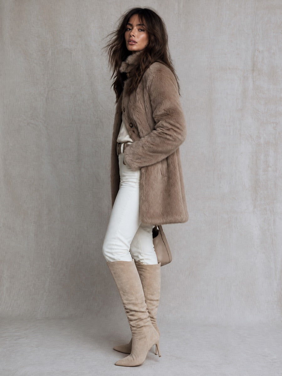 Women's Faux Fur Belted Collar Longline Coat