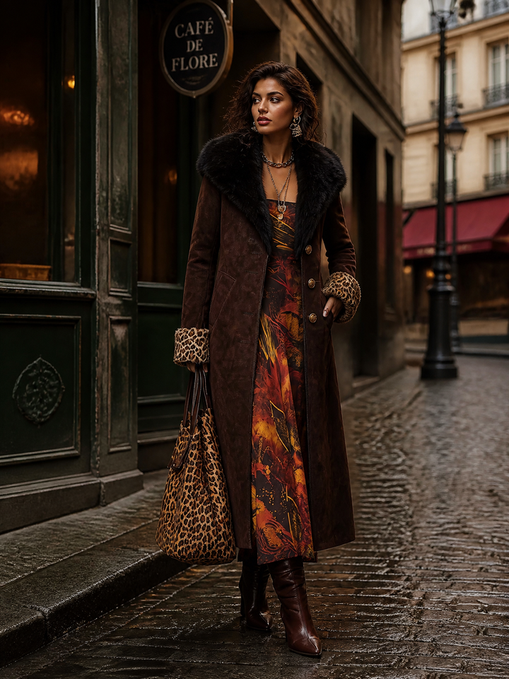 Faux Suede Longline Coat with Faux Fur Collar & Leopard Cuffs