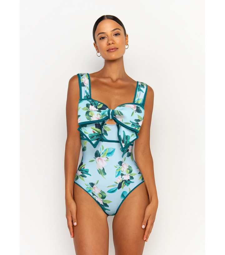 Bow Decor Mangnolia Print One Piece Swimsuit and Skirt