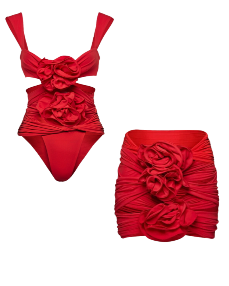3D Flower Cutout One Piece Swimsuit and Skirt