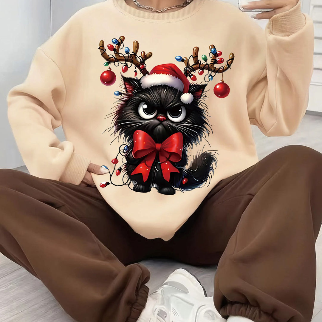 Comfortable Christmas Tacky Sweater for Women with Crew Neck Long Sleeve Cat Graphic Oversized Knit Style