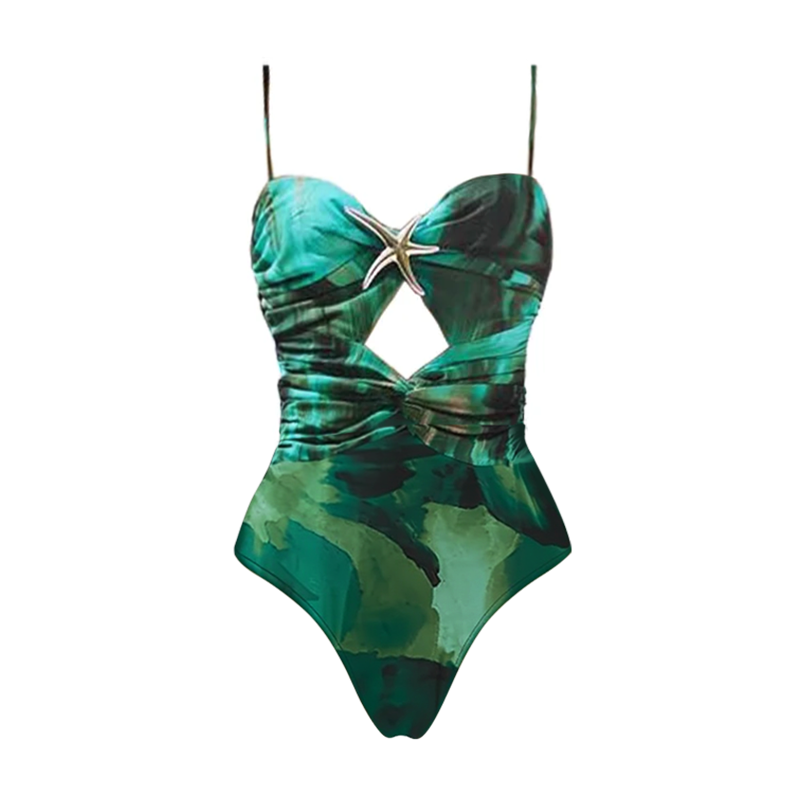 Green Printed Pleated Swimsuit & Skirt Set
