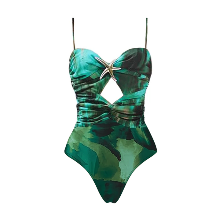 Green Printed Pleated Swimsuit & Skirt Set