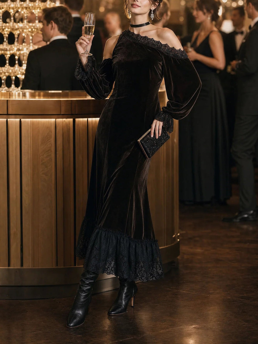 Dark Brown Velvet Off Shoulder Evening Maxi Dress