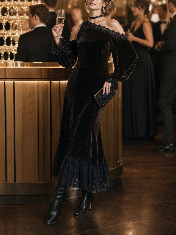 Dark Brown Velvet Off Shoulder Evening Maxi Dress
