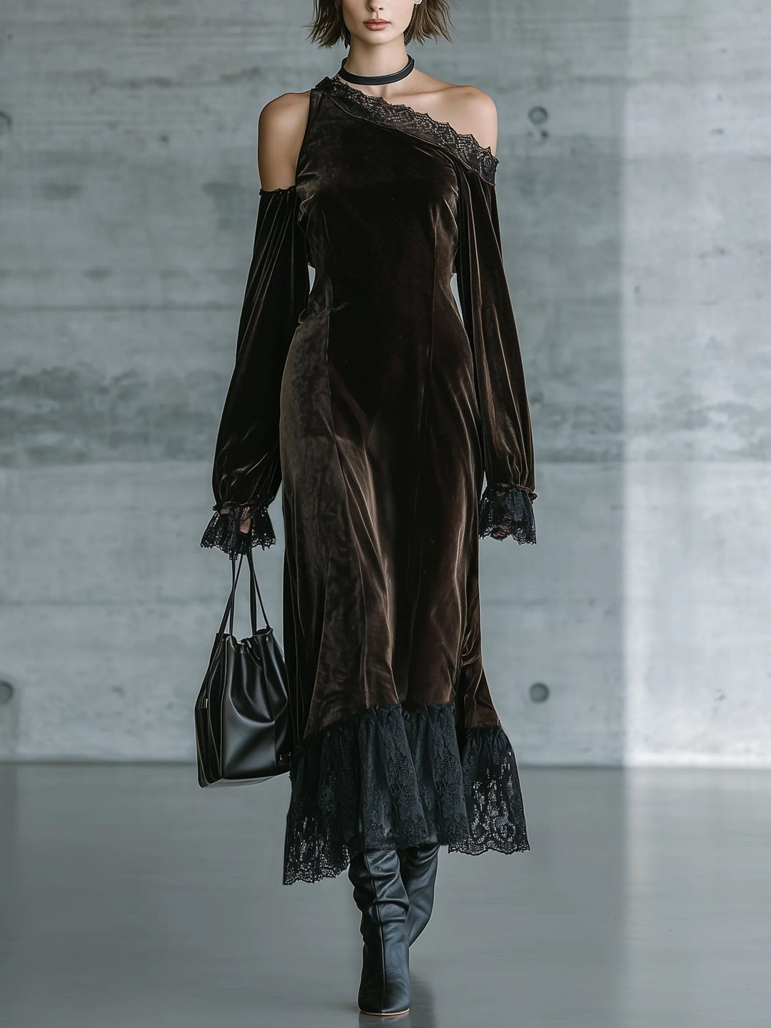 Dark Brown Velvet Off Shoulder Evening Maxi Dress