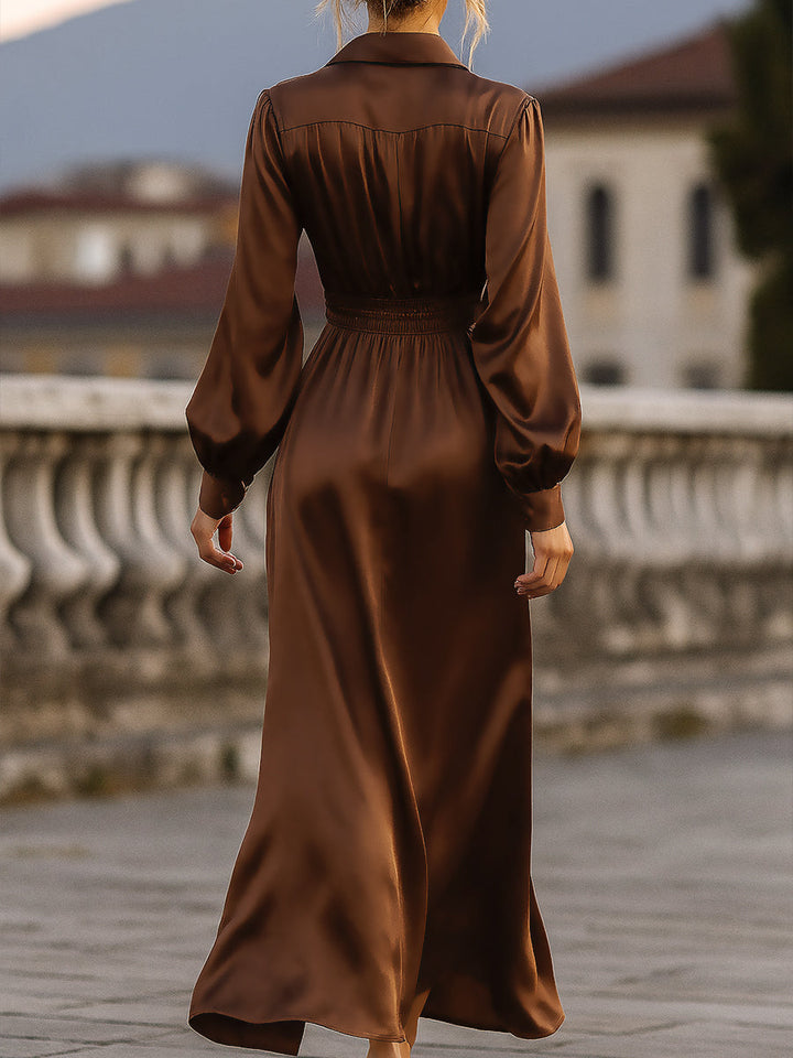 Satin Cinched Waist Maxi Dress In Mocha Brown