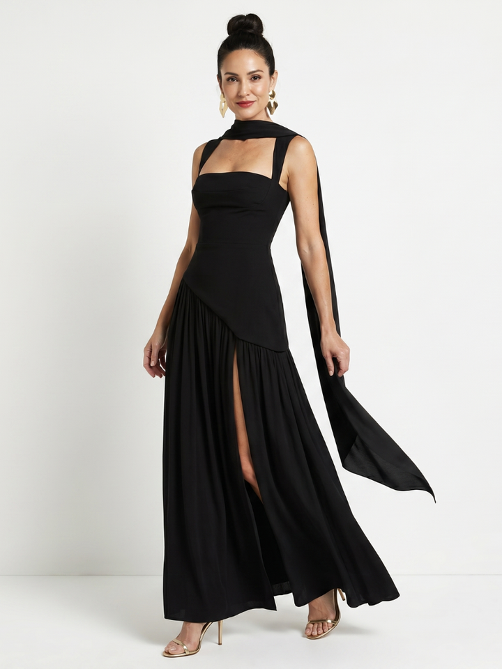 Bindi | Cutout Neck Pleated Slit Maxi Dress