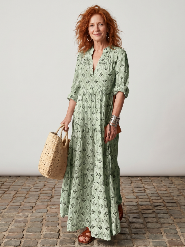 Junia | Notch Neck Printed Long Sleeve Maxi Dress