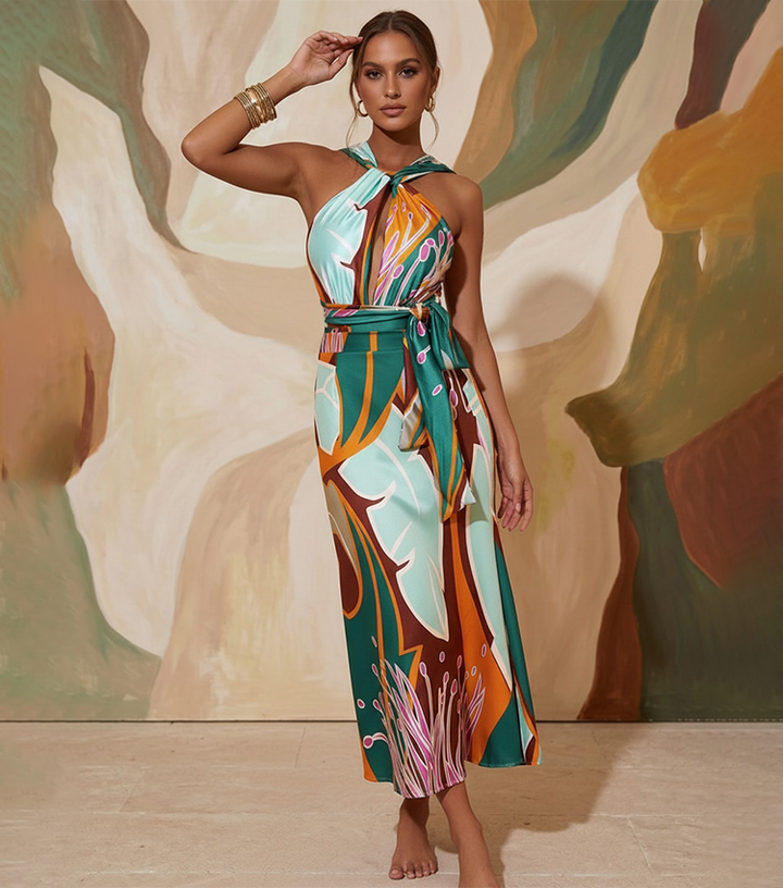 Halter Printed One Piece Swimsuit and Skirt