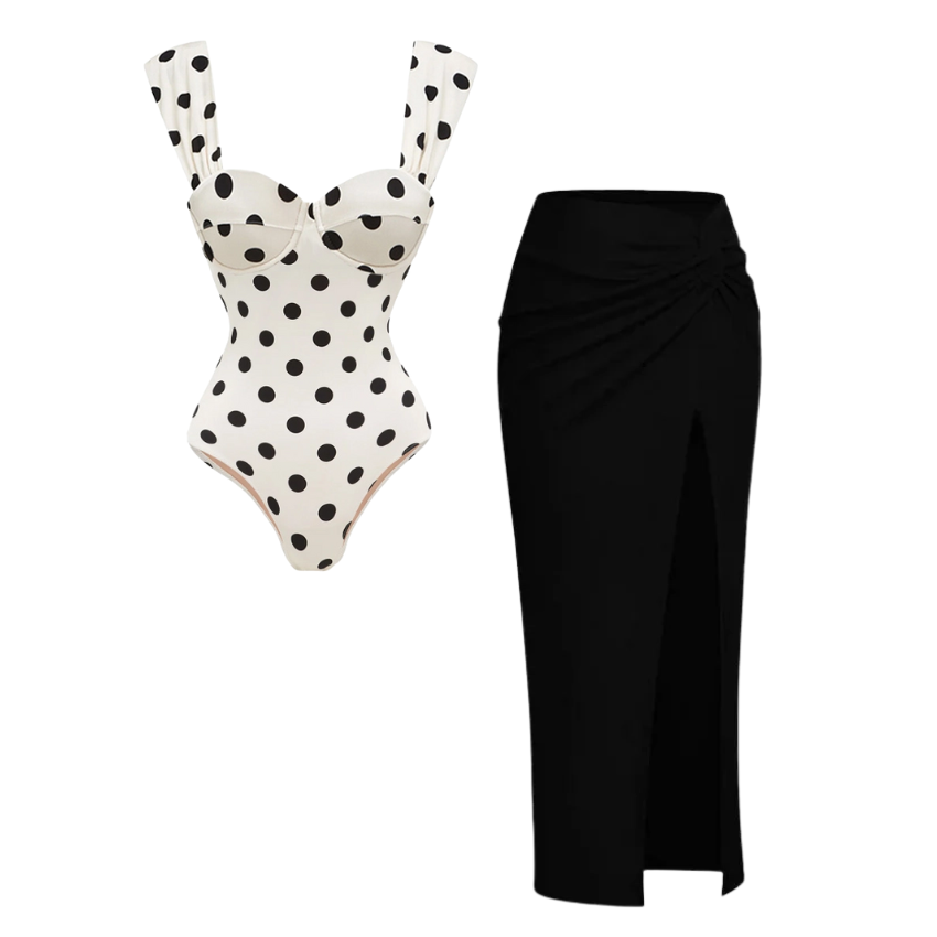 Sling Dot Printed One Piece Swimsuit and Skirt