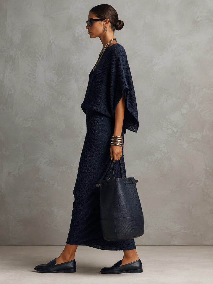 Chic Navy Textured Batwing Top and Midi Skirt Two-Piece Set