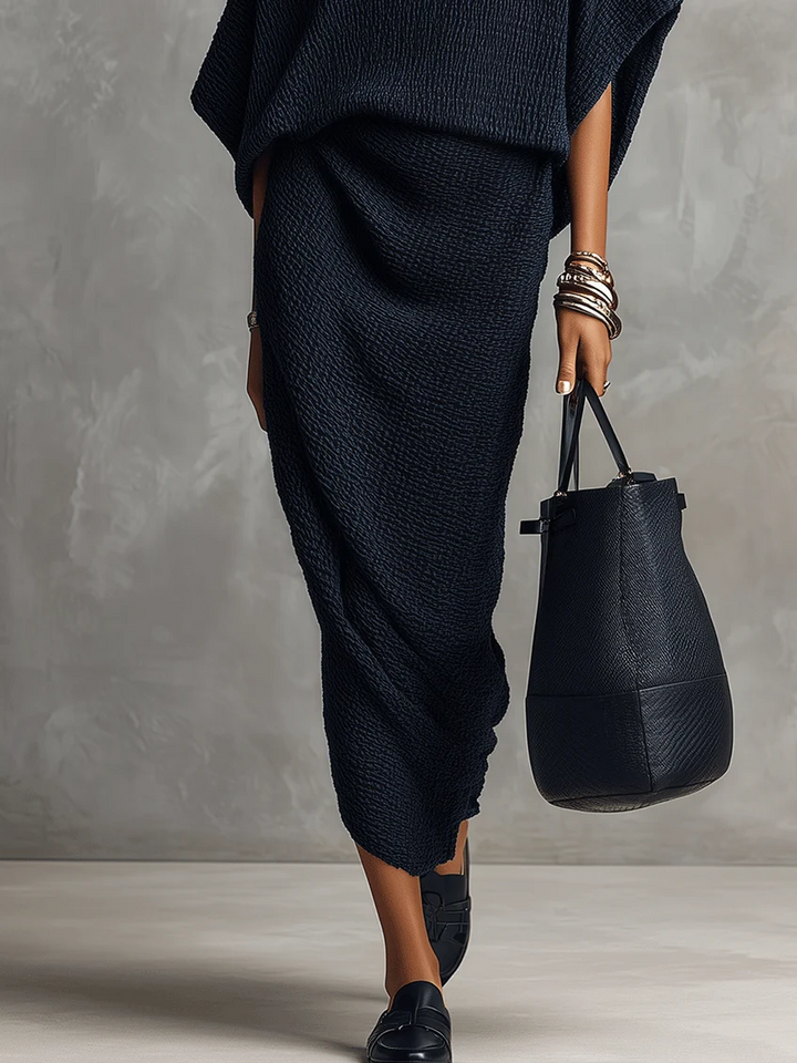 Chic Navy Textured Batwing Top and Midi Skirt Two-Piece Set