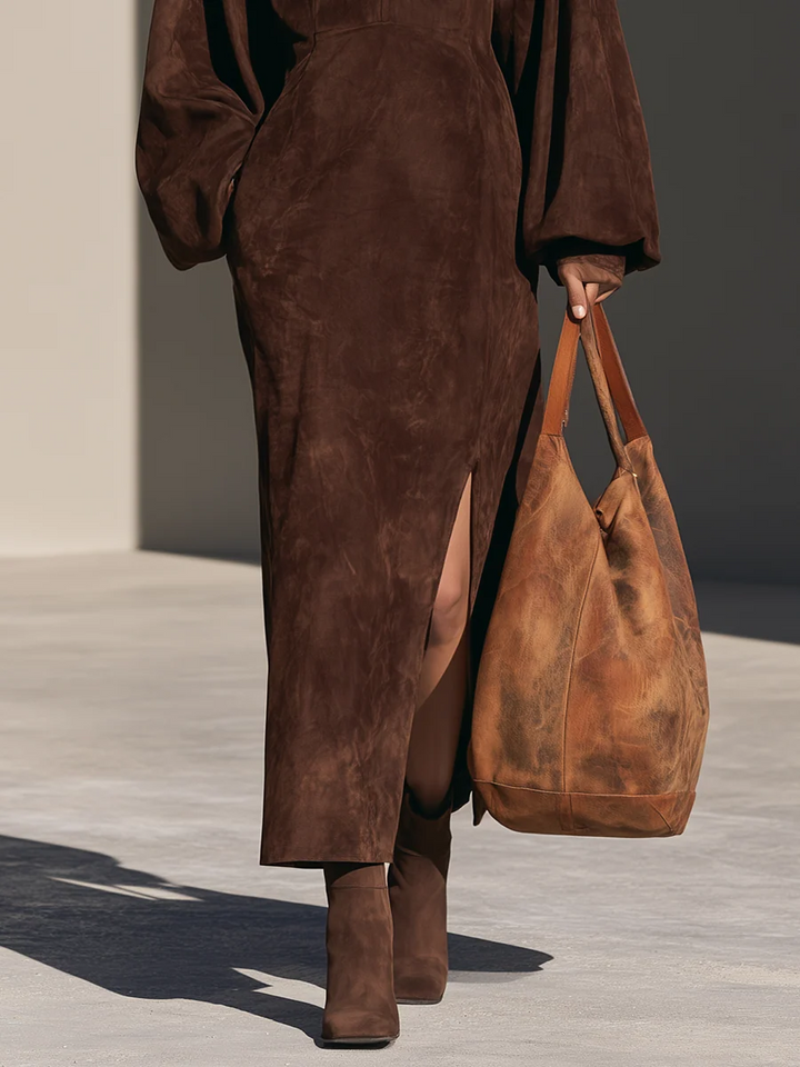 Elegant Brown Suede Half-Zip Long Sleeve Maxi Dress with Side Slit