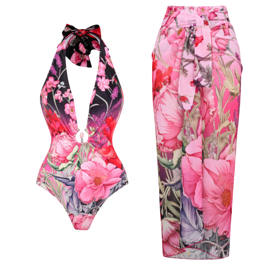 Deep V Neck Halter Printed One Piece Swimsuit and sarong