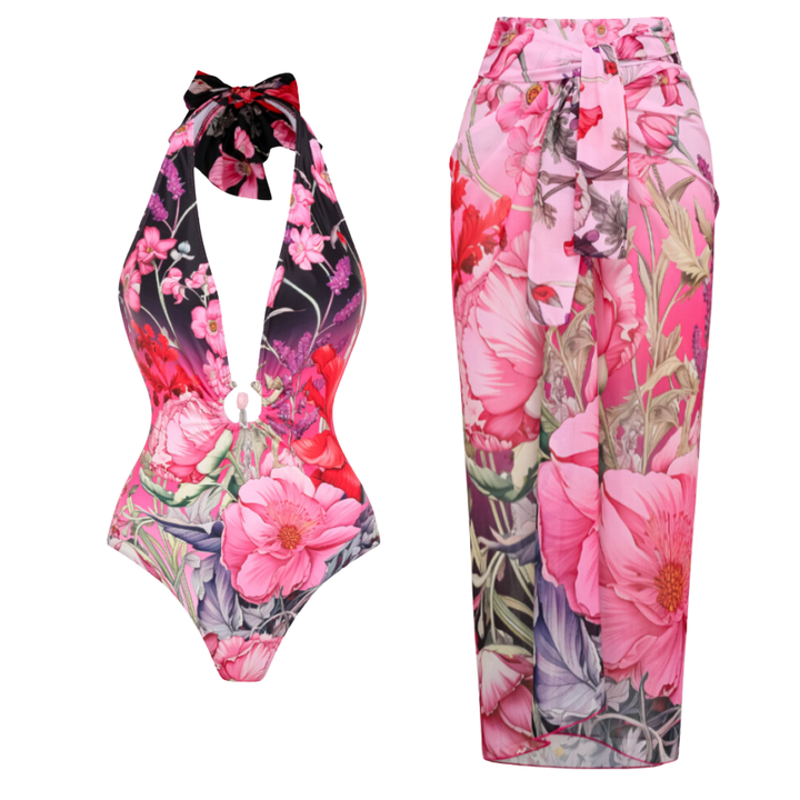 Deep V Neck Halter Printed One Piece Swimsuit and sarong