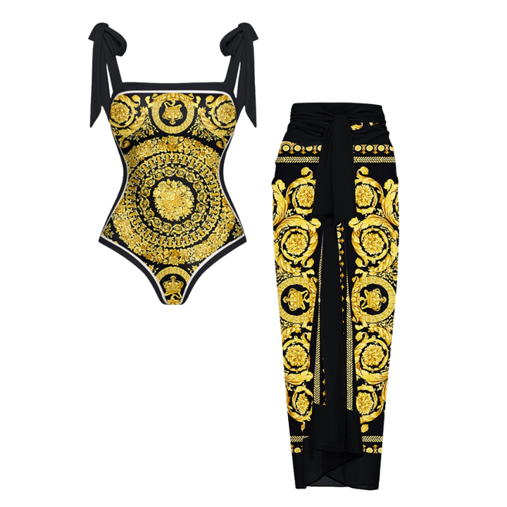 Reversible Tie-shoulder One Piece Swimsuit and sarong
