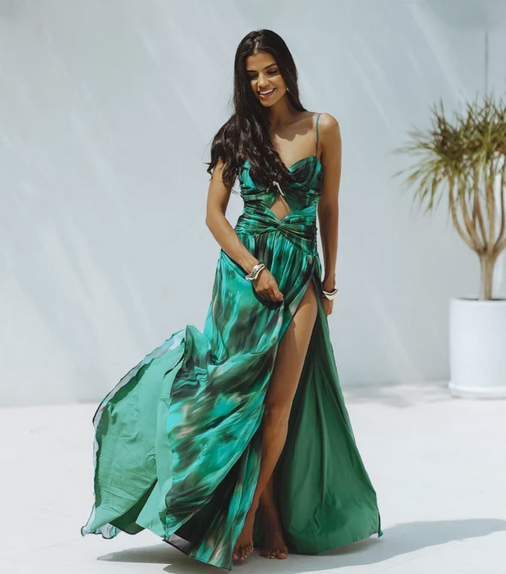 Green Printed Pleated Swimsuit & Skirt Set