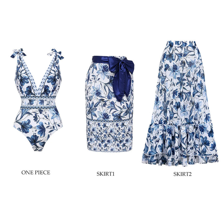 Blue V Neck Lace Up Printed One Piece Swimsuit and Skirt