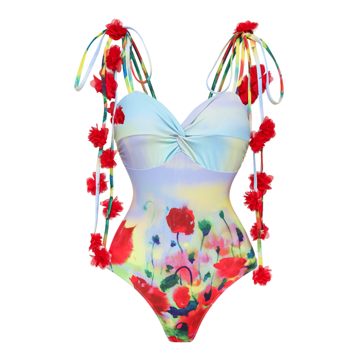 Tie-shoulder Phantom Garden One Piece Swimsuit and sarong