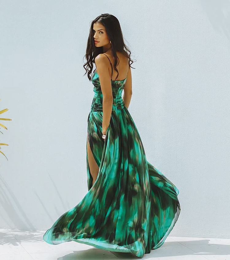 Green Printed Pleated Swimsuit & Skirt Set