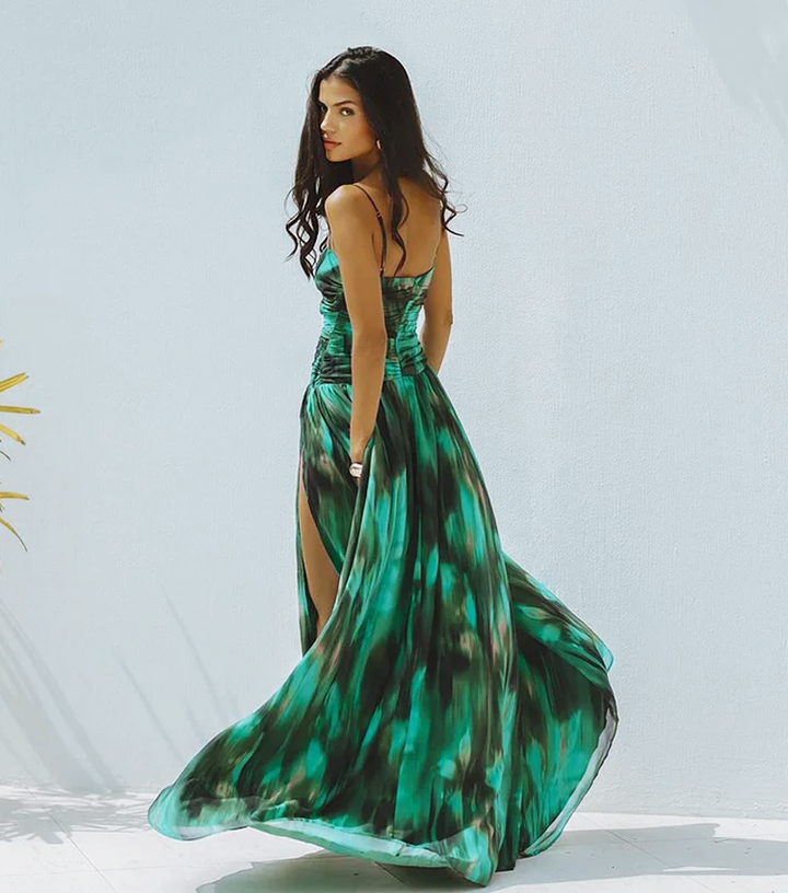 Green Printed Pleated Swimsuit & Skirt Set