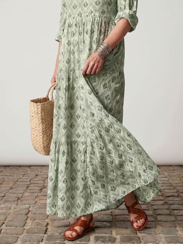 Junia | Notch Neck Printed Long Sleeve Maxi Dress