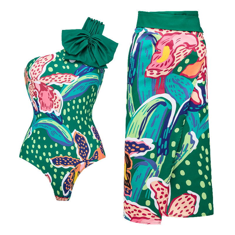 Tropic Printed One Shoulder One Piece Swimsuit and sarong
