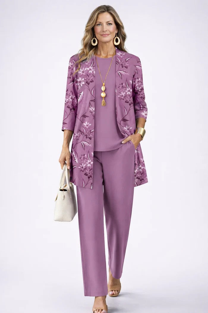 Iris | Three-Piece Cardigan, Top and Printed Trouser Set