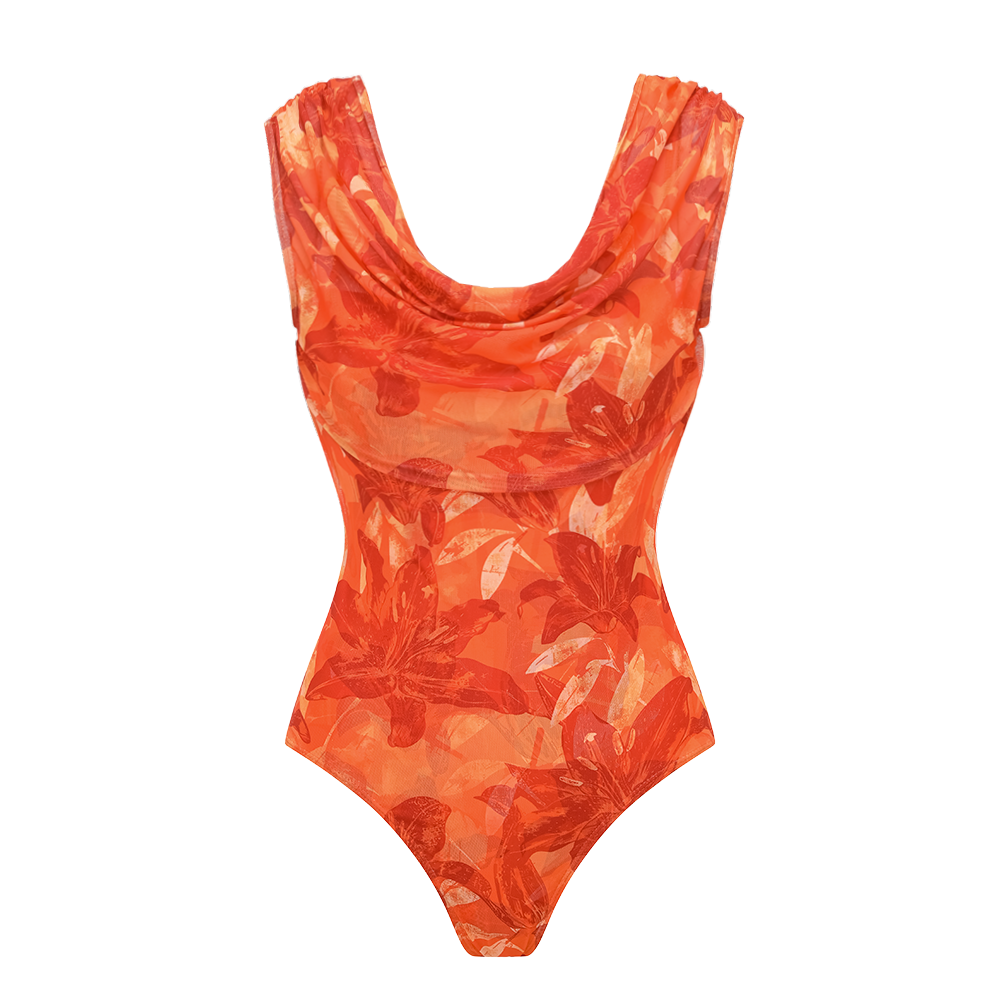 Orange Lily Print One Piece Swimsuit and sarong (Multiple ways to wear)