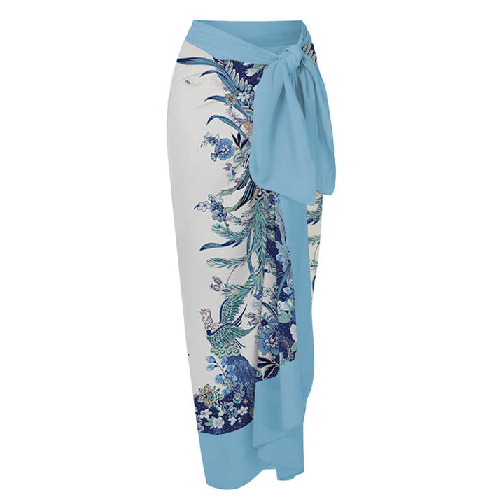 Blue Reversible Bowknot Tie-shoulder One Piece Swimsuit and sarong/Skirt
