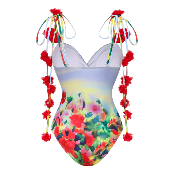 Tie-shoulder Phantom Garden One Piece Swimsuit and sarong