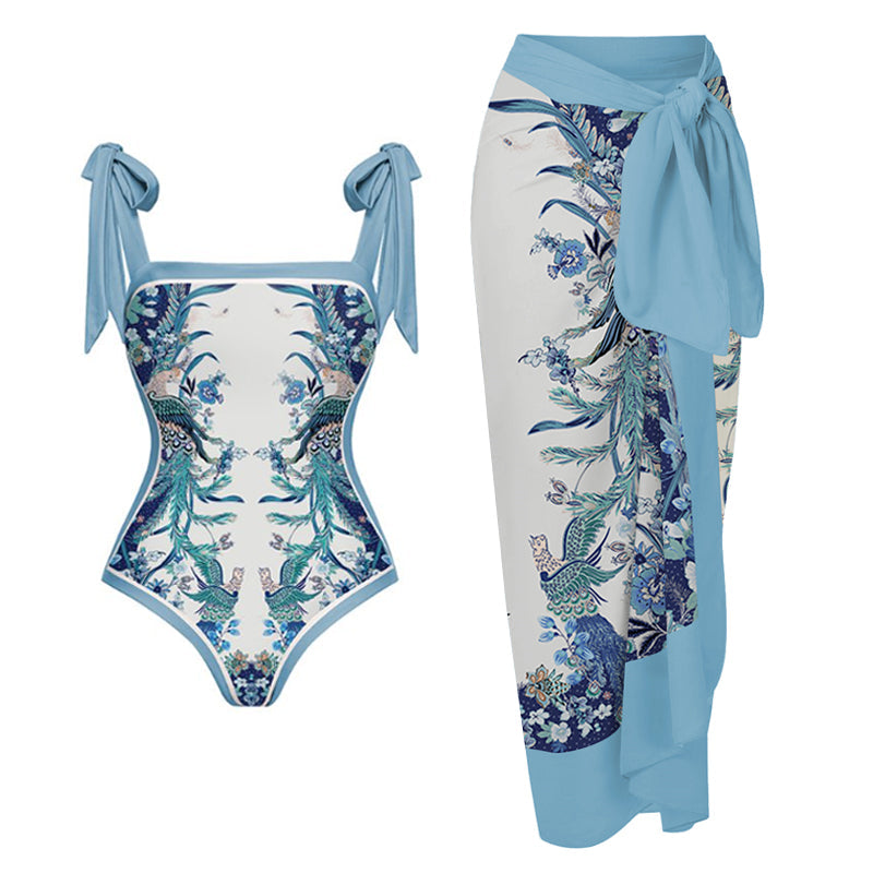 Blue Reversible Bowknot Tie-shoulder One Piece Swimsuit and sarong/Skirt
