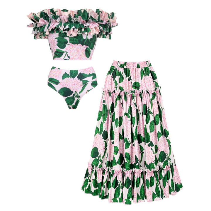 Bandeau Ruffle Floral Print Bikini Swimsuit and Skirt