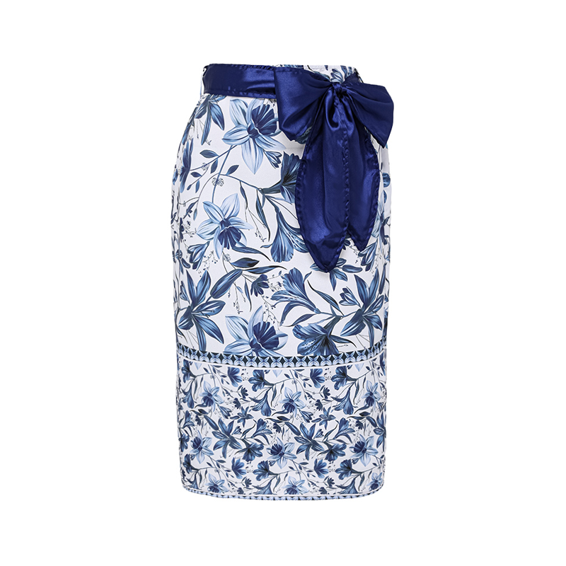 Blue V Neck Lace Up Printed One Piece Swimsuit and Skirt