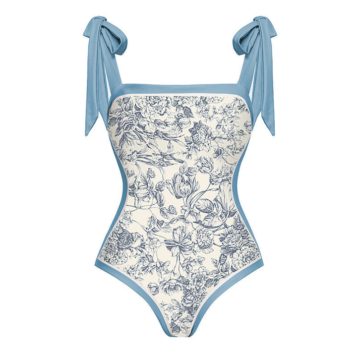 Blue Reversible Bowknot Tie-shoulder One Piece Swimsuit and sarong/Skirt