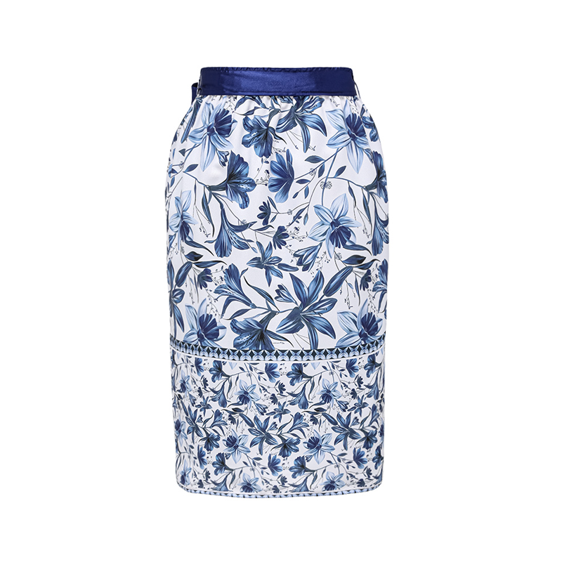 Blue V Neck Lace Up Printed One Piece Swimsuit and Skirt