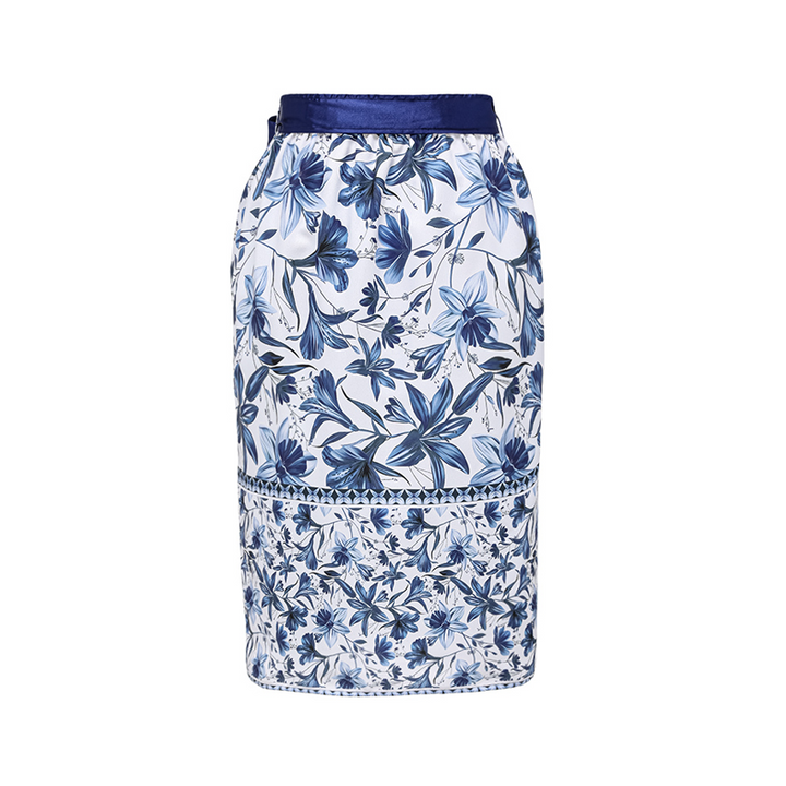Blue V Neck Lace Up Printed One Piece Swimsuit and Skirt