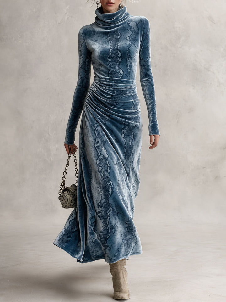 Blue Snake Print Velvet Turtleneck Long Sleeve Maxi Dress