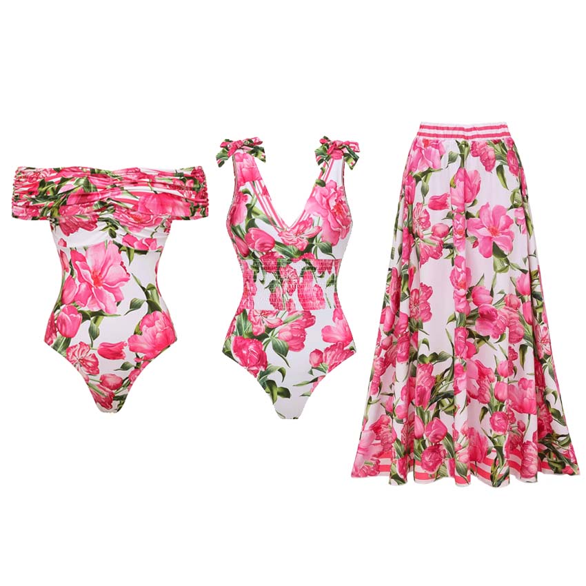 Tie Shoulder Shirring Flower Print One Piece Swimsuit and Skirt