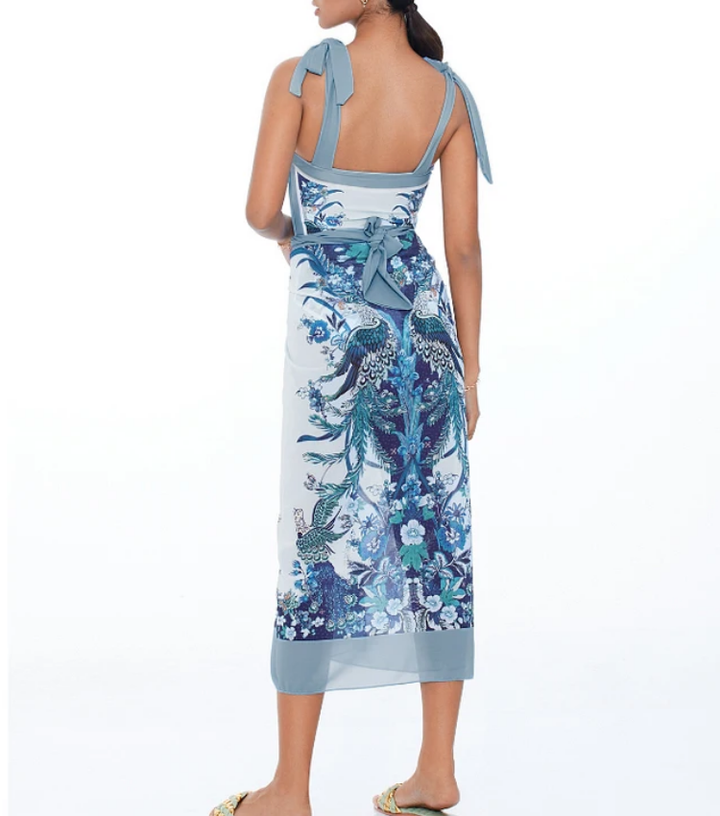Blue Reversible Bowknot Tie-shoulder One Piece Swimsuit and sarong/Skirt