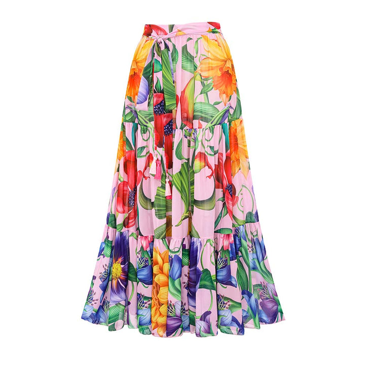 V-neck Long Sleeve Flowers Printed One Piece Swimsuit and Skirt