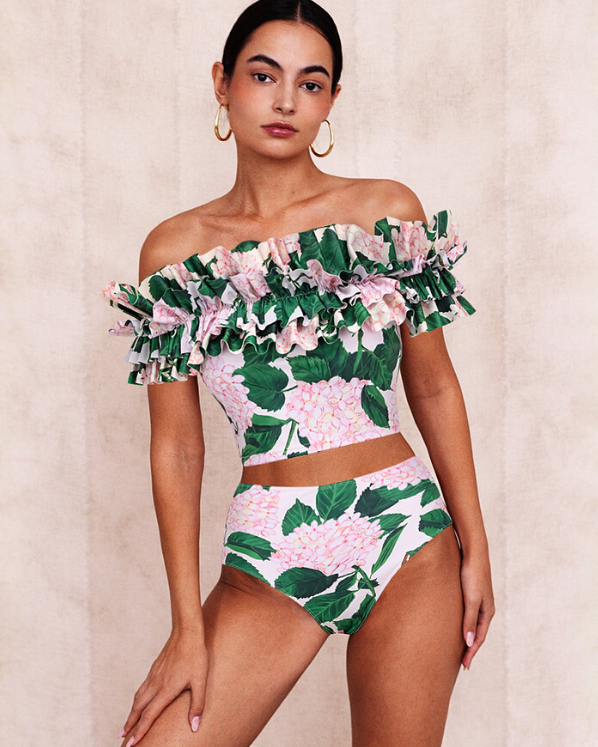 Bandeau Ruffle Floral Print Bikini Swimsuit and Skirt