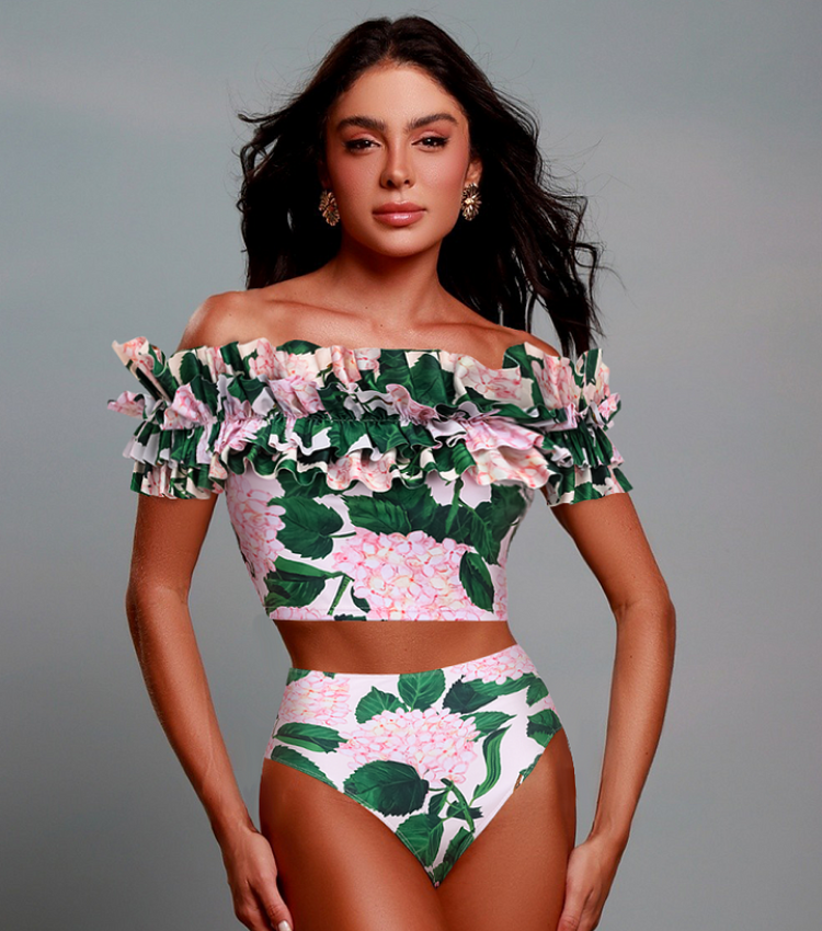 Bandeau Ruffle Floral Print Bikini Swimsuit and Skirt